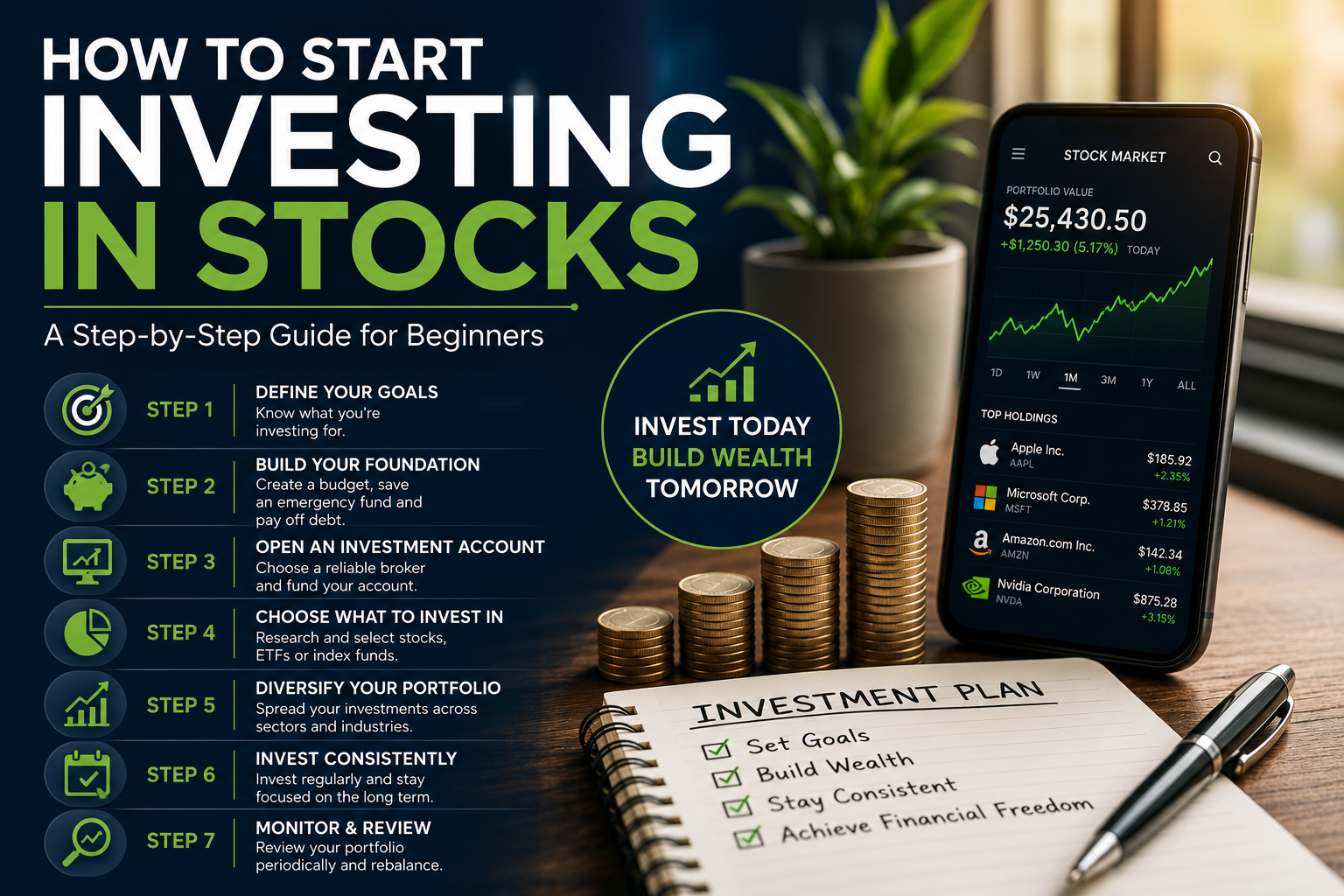 How to start investing in stocks step-by-step with stock market chart, investment portfolio, and wealth-building concept for beginners.